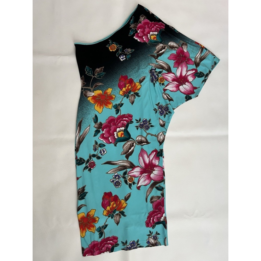 CACHE Vintage Floral Print One Shoulder Dress XS Mint Green Tropical Party
